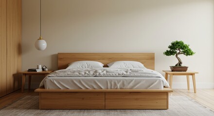 Modern Minimalist Bedroom with Wooden Furniture and Elegant Bonsai Plant in Bright Interior Setting