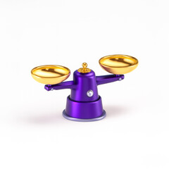 3D Render of Balance Scale with Golden Pans and Purple Base on White Background
