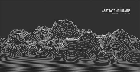 Contour mountain landscape. Waved line art. Abstract minimal topographic map. Contour lines with elevations and terrain depth. Vector illustration.
