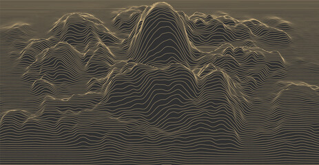 Contour mountain landscape. Waved line art. Abstract minimal topographic map. Contour lines with elevations and terrain depth. Vector illustration.