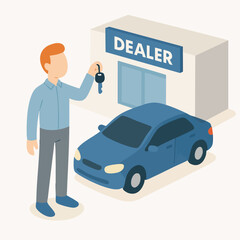 Isometric Style Buying Vehicle Car From Dealer Flat Design Illustration