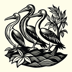 Abstract floral background with a wild pelican bird featuring its beak and feathers in nature's water