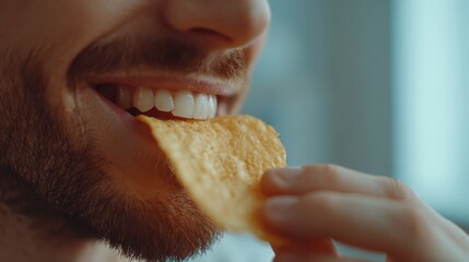 Close-up of a bearded man eating a crispy, golden potato chip with white teeth. Good for advertising, shows satisfying snack, enjoyment, or a simple pleasure.