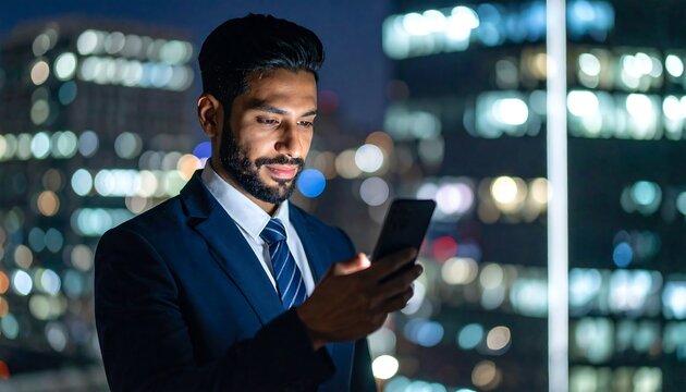 Man in suit uses phone at night, city bokeh background