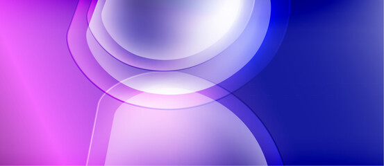 Abstract composition. Overlapping translucent shapes create vibrant purple, blue gradients. Smooth curves suggest movement, depth. Minimalist design.