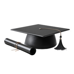 A graduation cap and diploma isolated on transparent background