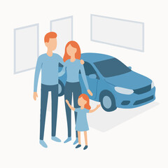 Obraz premium Flat Illustration Family Stands in Front of Their New Car Together