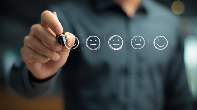 Businessman analyzes customer sentiment data, carefully selecting his review, looking hopeful to solve customer needs
