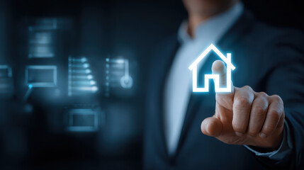 Businessman manages energy consumption with digital interface, seeming hopeful about sustainable solutions for efficient resource management