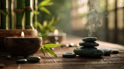 A spa setting with hot stones and bamboo, zen-like tranquility 