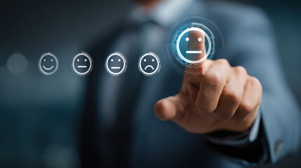 Businessman tracks customer satisfaction showing positive metrics, demonstrating delight and ease with feedback on interface