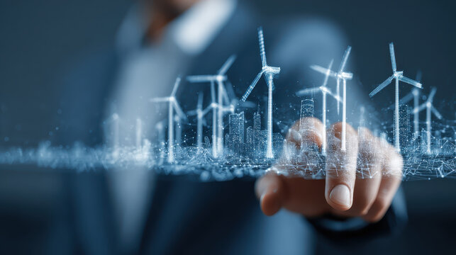 Businessman manages renewable energy resource with confidence, envisioning sustainable future and cleaner environment through wind power - Powered by Adobe