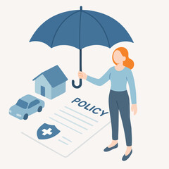 Isometric Illustrated Insurance Policy Document with Home Car and Umbrella Concept