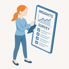 Isometric Detailed Businesswoman Presenting Insights Survey Result on Clipboard Illustration