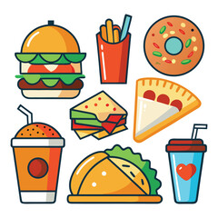 Delicious Colorful food icon set: burgers, pizza, fries, and drinks perfect for restaurant menus or design pepper, shrimp, fresh basil, red pepper, pizza cutter. Black and white illustration.