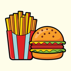 Fast food vector illustrations: a set of cartoon icons featuring hamburgers, cheeseburgers, fries, pizza, and drinks for quick meal and snack concepts