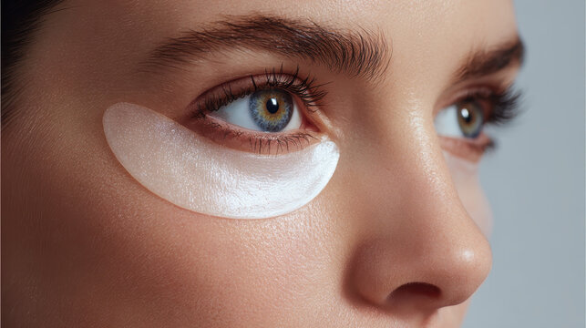 Woman with under eye patches for skincare, looking refreshed and radiant