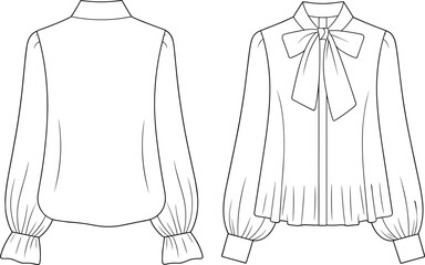 CAD drawing flat vector illustration of pleated blouse design, long sleeves, bow neckline, front button style