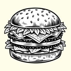 Hamburger on black with cheese, beef, and fresh vegetables, a classic fast-food meal