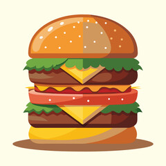 Delicious cheeseburger with beef, cheese, lettuce, tomato, and onion on a sesame bun, isolated on a white background