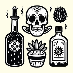 Mexican culture icons Black silhouette icons set of wine bottle and glass vector illustrations with skull design for party celebration