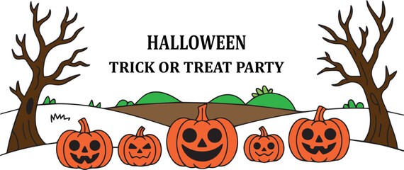 Halloween Trick or Treat Party Illustration with Pumpkins and Trees