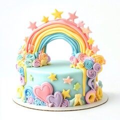 A playful birthday cake decorated with a fondant rainbow arch,