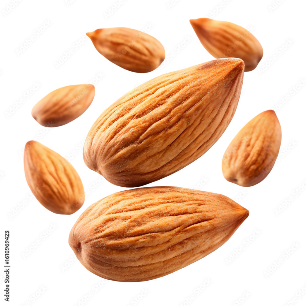 Poster falling almond nut isolated on transparent background full depth of field png icon isolated with tra