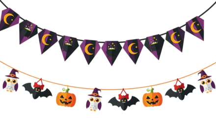 Festive Halloween Party Decorations: Two Adorable Bunting Banners Featuring Owls, Bats, Pumpkins, and Witch's Cauldron Motifs.
