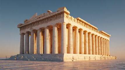 Obraz premium Ancient marble temple with columns bathed in golden sunlight, set against a serene sky