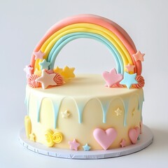 A playful birthday cake decorated with a fondant rainbow arch,