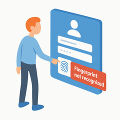 Isometric Man Trying to Login with Unrecognized Fingerprint Access Illustration