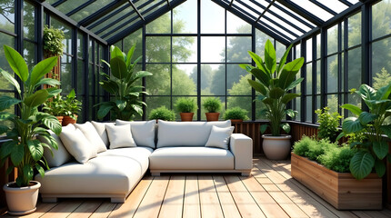 Cozy beige sofa inside a stylish modern greenhouse with natural light and symmetrical potted plant arrangement