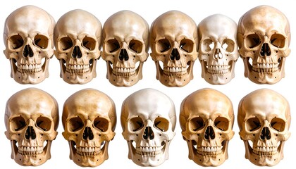 Row of human skulls, various expressions