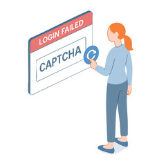 Isometric Female Character Failed Login with Captcha Problem Illustration