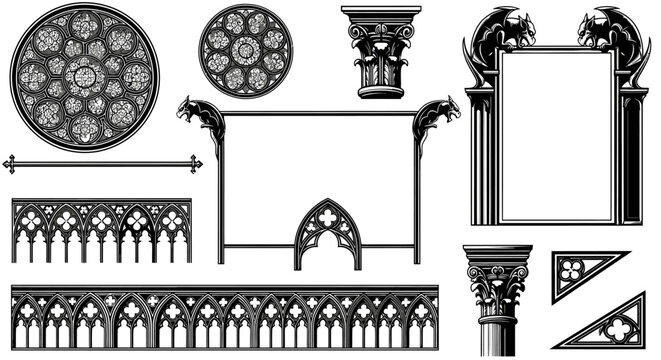 Gothic Architecture Elements Vector Set.
