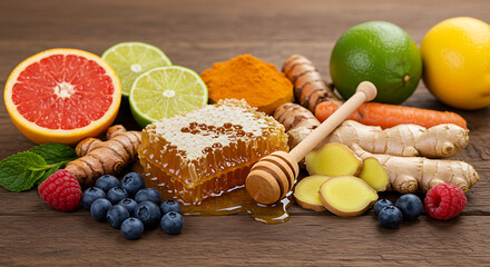 Fresh Honeycomb with Ginger, Citrus Fruits, Berries, and Turmeric on Wooden Background