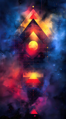 cosmic house-shaped form in galaxy background with glowing sunburst