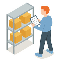 Isometric Illustration of Man Checking Inventory on Shelves for Microstock