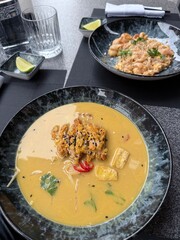 Asian Soup and Noodles with Shrimp and Crispy Chicken