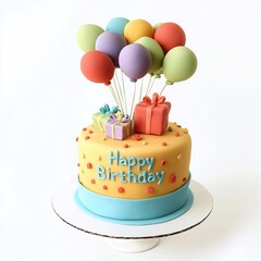 birthday cake decorated with colorful fondant balloons, a "Happy Birthday" message in vibrant colors, and topped with a small fondant gift box