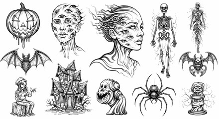 Halloween Sketch Set Creepy elements.
