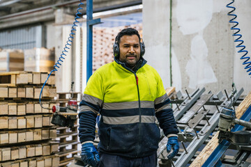 Confident carpenter wearing safety gear and headphones, skillfully working in a wooden pallet recycling factory focused on sustainable practices
