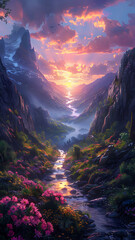 fantasy sunrise between tall cliffs with blooming flowers and glowing valley path