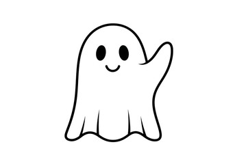 Friendly Cartoon Ghost Waving, Line Art Style, Halloween Illustration, Black and White, Cute, Playful Mood