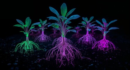 Glowing plants with vibrant roots in a dark environment showcasing plant growth and root systems