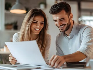 A woman and a man are looking at a document together in a well-lit room.