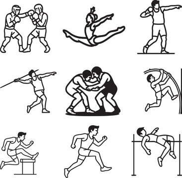 set of sports icons.Shot put , pole vault,, gymnastics, javelin throw , wrestling, running, sprints, hurdling, High jump.