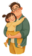 A father lovingly embraces his happy daughter isolated on transparent background
