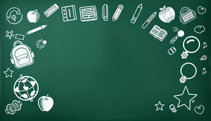 Horizontal green chalkboard background with a border of white chalk doodles of school supplies. Back to School concept banner with copy space for advertising or messages.